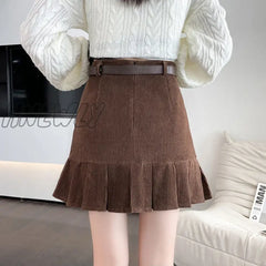 Hnewly Vintage Corduroy Pleated Skirt With Belt Women Autumn Winter Preppy Style High Waist A-Line