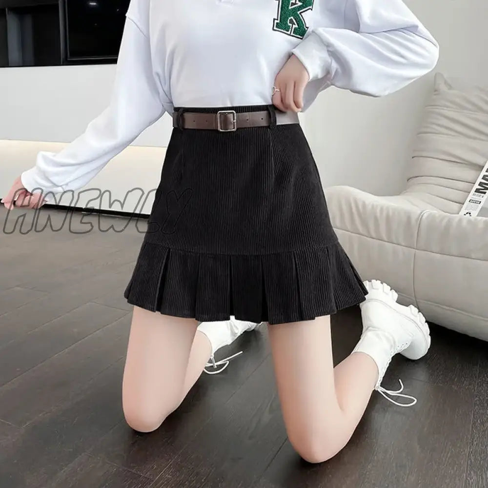 Hnewly Vintage Corduroy Pleated Skirt With Belt Women Autumn Winter Preppy Style High Waist A-Line