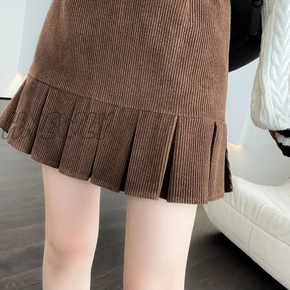 Hnewly Vintage Corduroy Pleated Skirt With Belt Women Autumn Winter Preppy Style High Waist A-Line