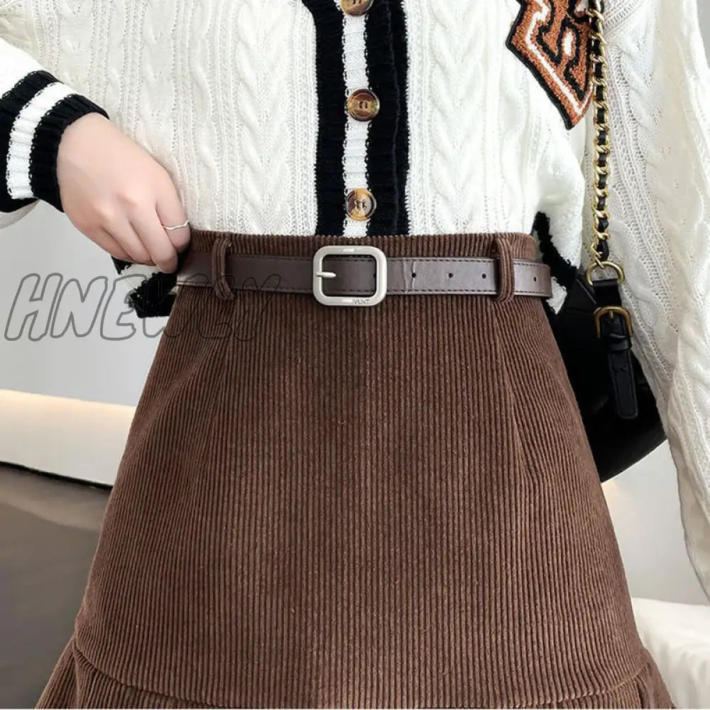Hnewly Vintage Corduroy Pleated Skirt With Belt Women Autumn Winter Preppy Style High Waist A-Line