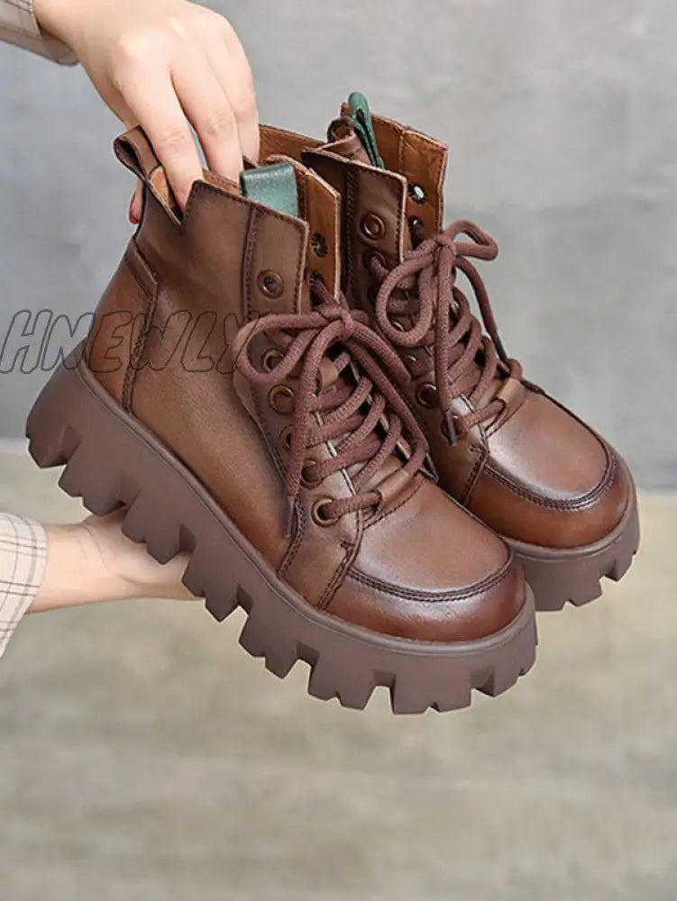 Hnewly - Vintage Cow Leather Platform Shoes Boots