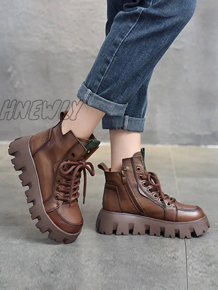 Hnewly - Vintage Cow Leather Platform Shoes Boots