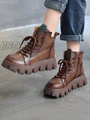 Hnewly - Vintage Cow Leather Platform Shoes Boots