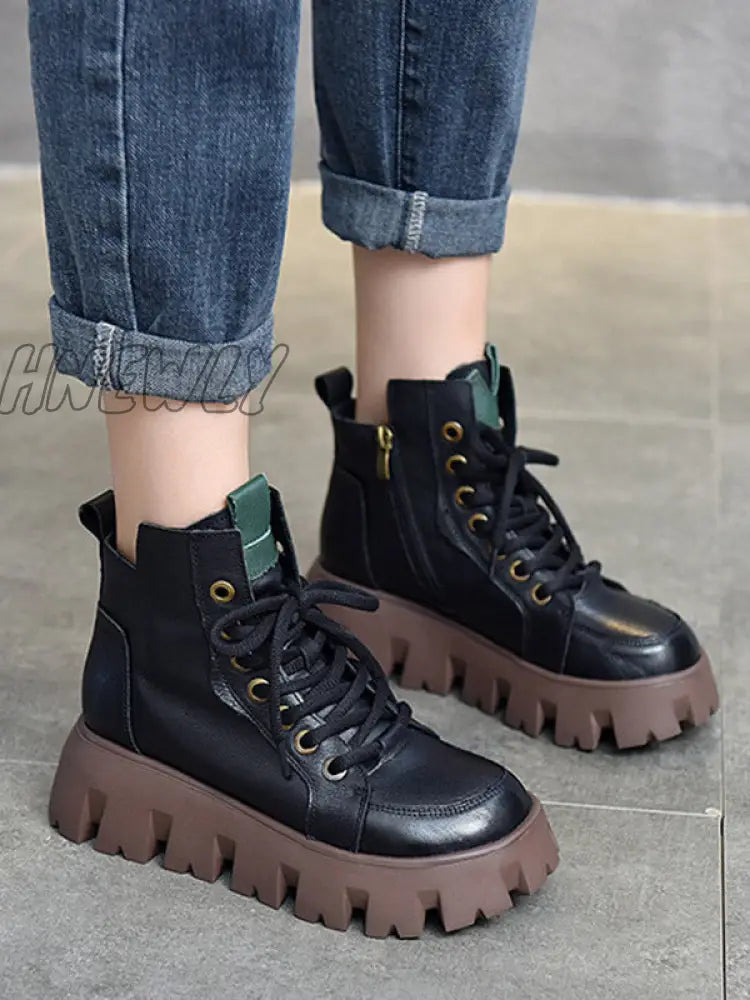 Hnewly - Vintage Cow Leather Platform Shoes Boots