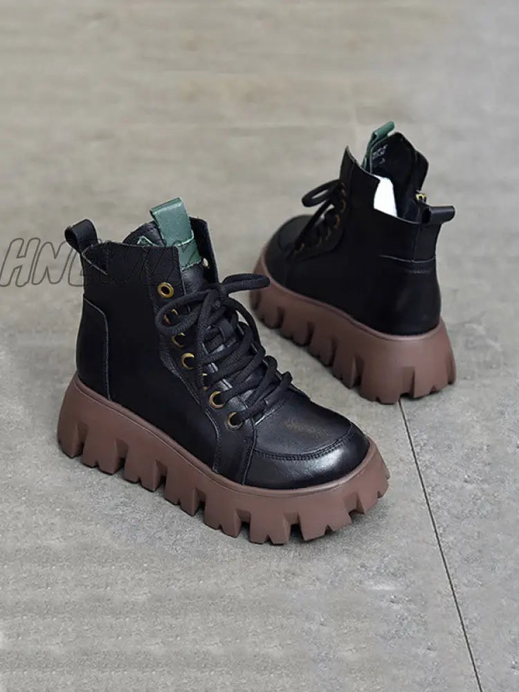 Hnewly - Vintage Cow Leather Platform Shoes Boots