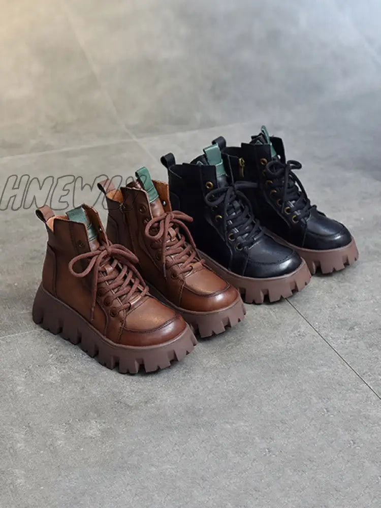 Hnewly - Vintage Cow Leather Platform Shoes Boots