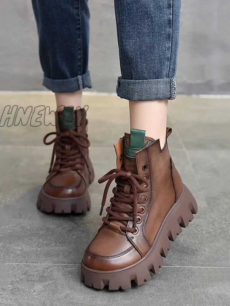 Hnewly - Vintage Cow Leather Platform Shoes Boots