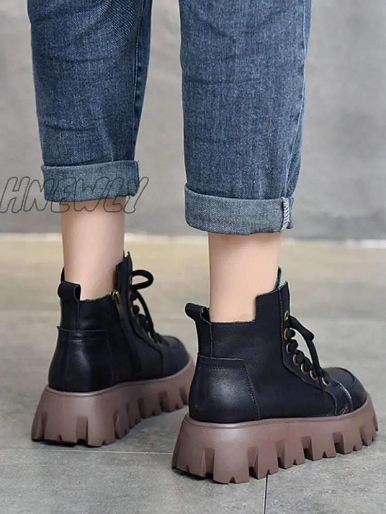 Hnewly - Vintage Cow Leather Platform Shoes Boots