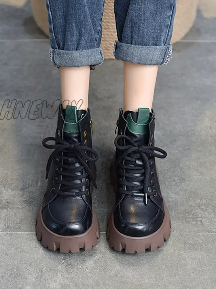 Hnewly - Vintage Cow Leather Platform Shoes Boots