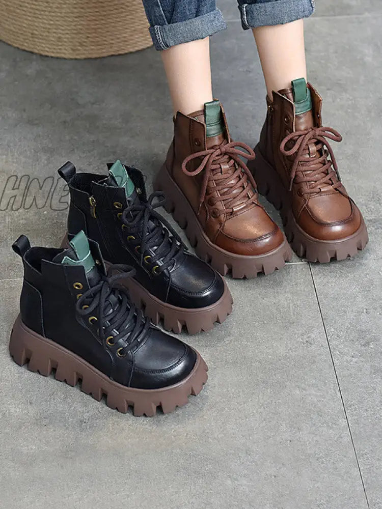 Hnewly - Vintage Cow Leather Platform Shoes Boots
