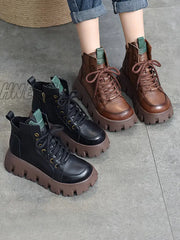 Hnewly - Vintage Cow Leather Platform Shoes Boots