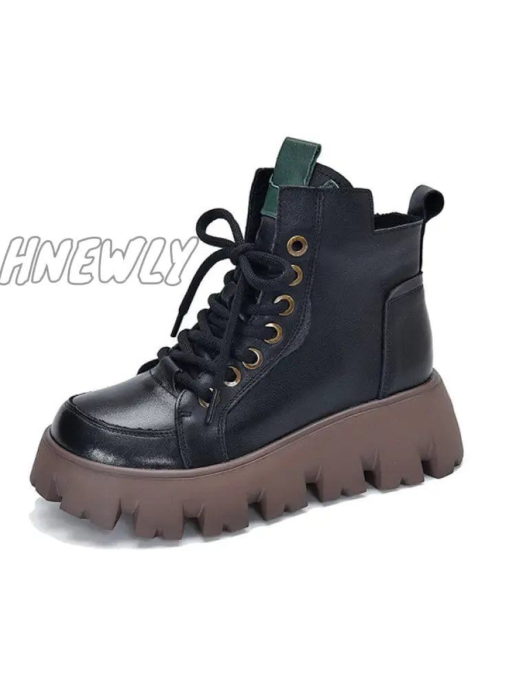 Hnewly - Vintage Cow Leather Platform Shoes Boots Black / 35