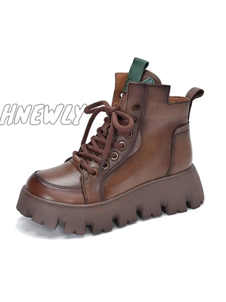 Hnewly - Vintage Cow Leather Platform Shoes Boots Brown / 35