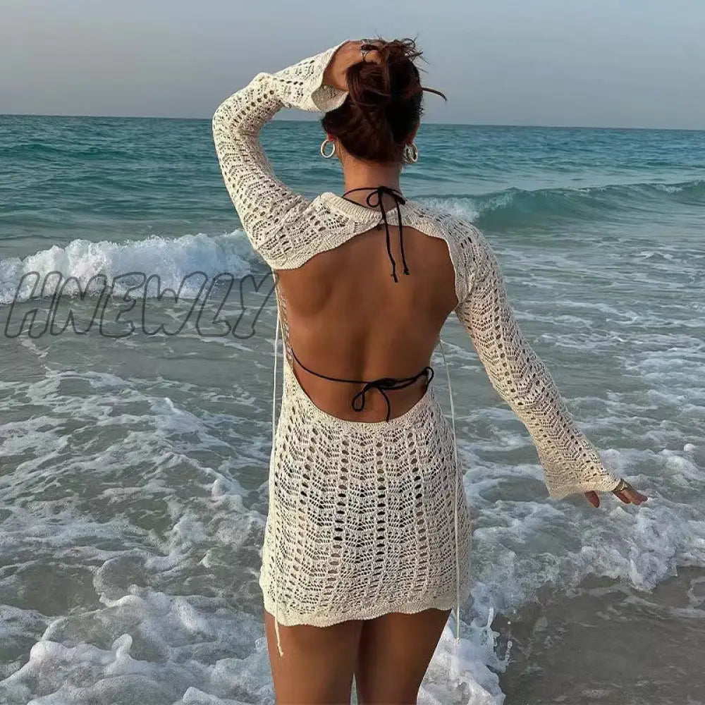 Hnewly Vintage Crochet Flower Hollow Out Dress Cover-Ups Chic Women Sexy Knit Backless Tie-Up Mini