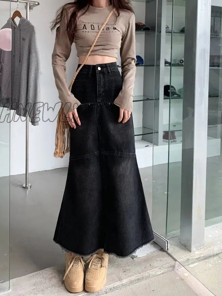 Hnewly Vintage Denim Long Skirt Mermaid Women Black A-Line Patchwork High Waist Jean Maxi