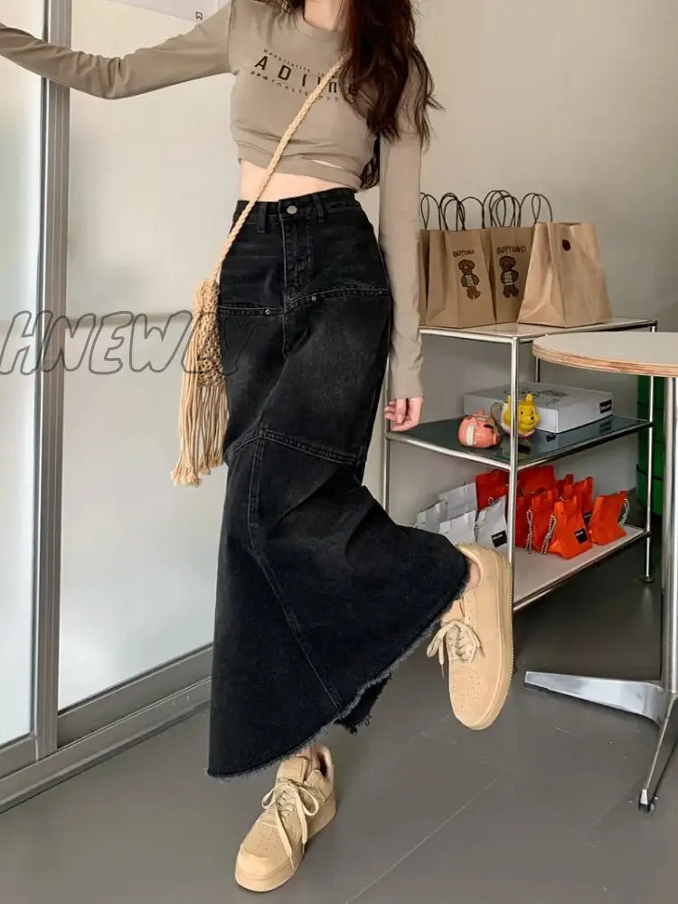 Hnewly Vintage Denim Long Skirt Mermaid Women Black A-Line Patchwork High Waist Jean Maxi