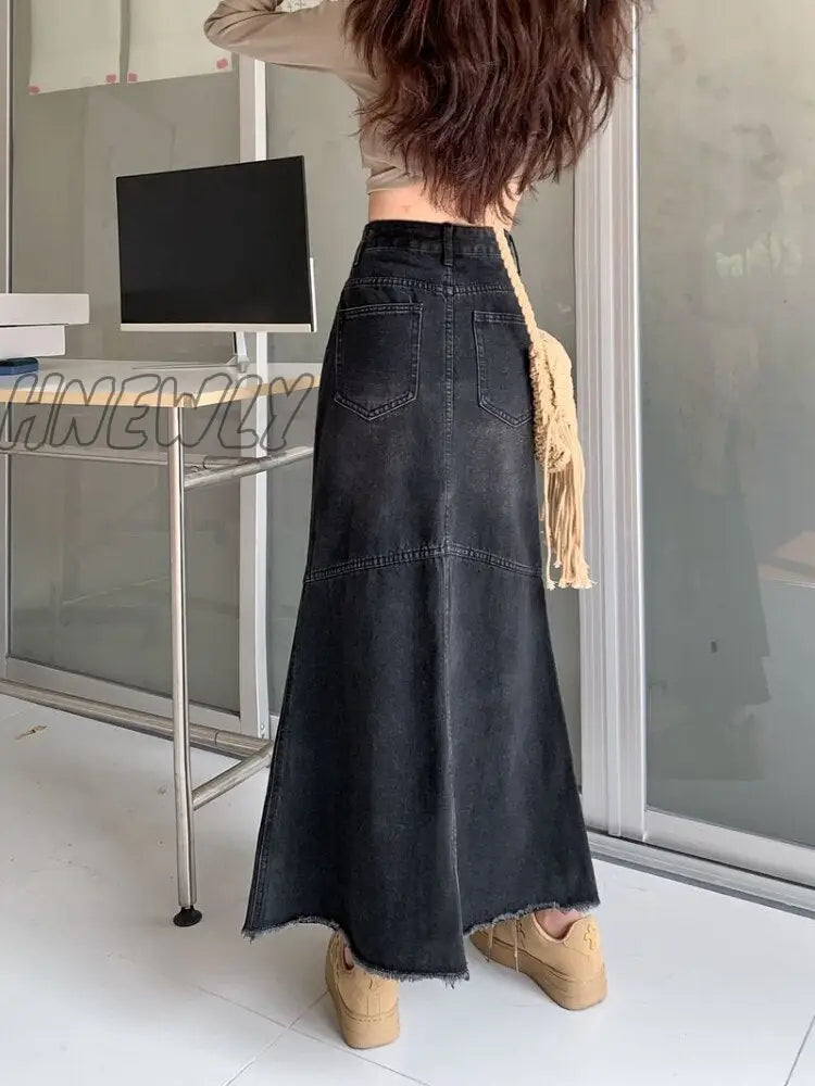 Hnewly Vintage Denim Long Skirt Mermaid Women Black A-Line Patchwork High Waist Jean Maxi