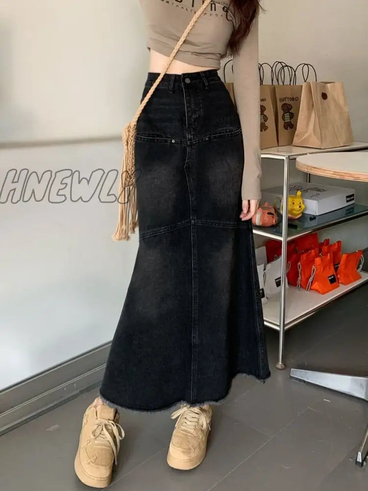 Hnewly Vintage Denim Long Skirt Mermaid Women Black A-Line Patchwork High Waist Jean Maxi