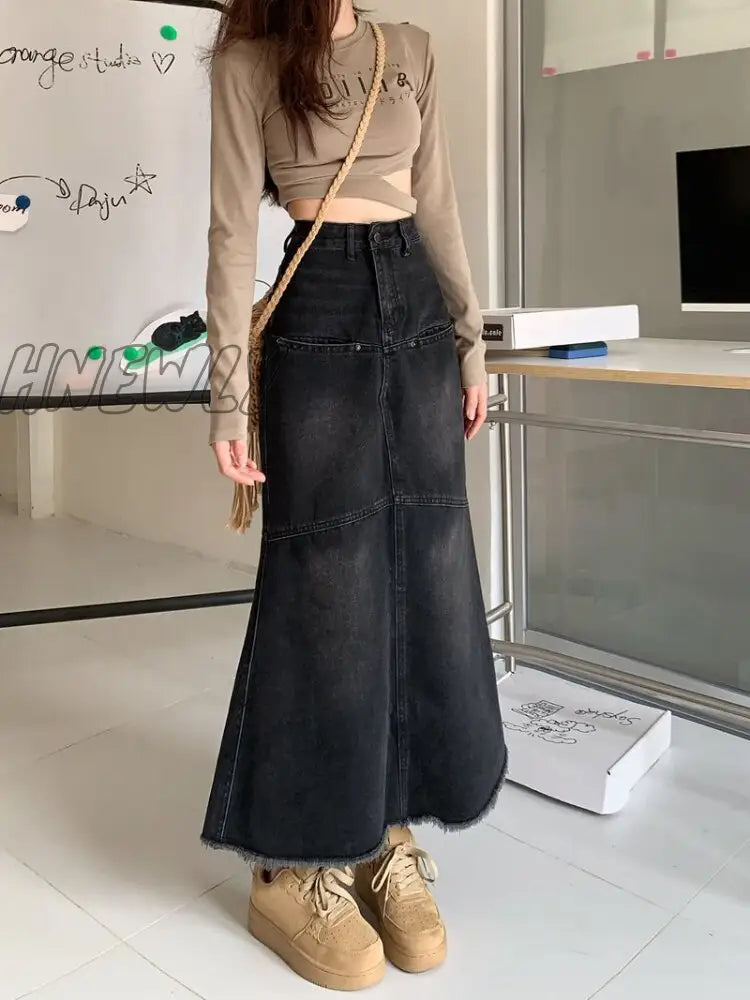 Hnewly Vintage Denim Long Skirt Mermaid Women Black A-Line Patchwork High Waist Jean Maxi