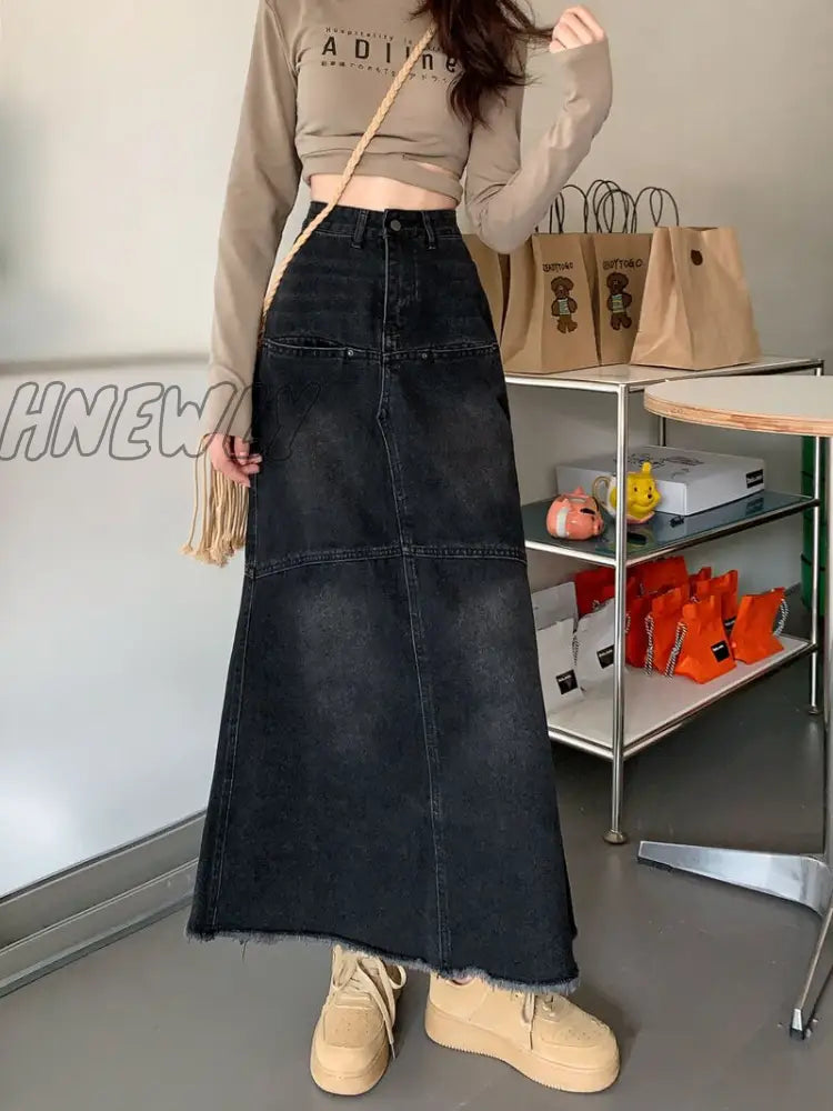 Hnewly Vintage Denim Long Skirt Mermaid Women Black A-Line Patchwork High Waist Jean Maxi