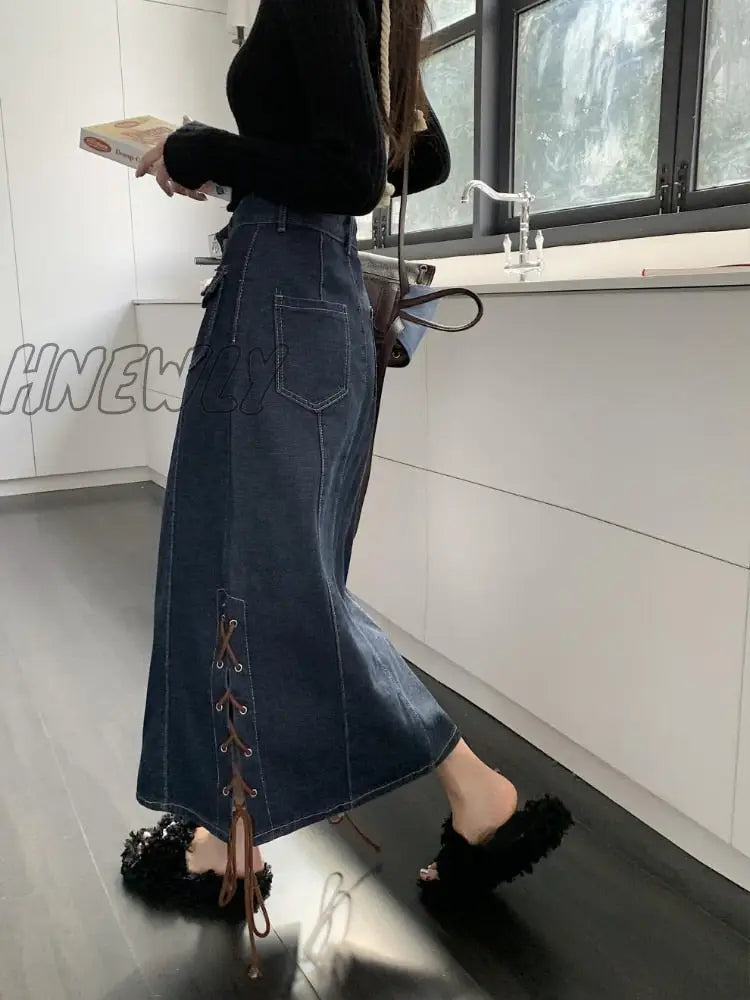 Hnewly Vintage Denim Long Skirt Women High Waist A-Line Pockets Button Bandage Korean Fashion Jean