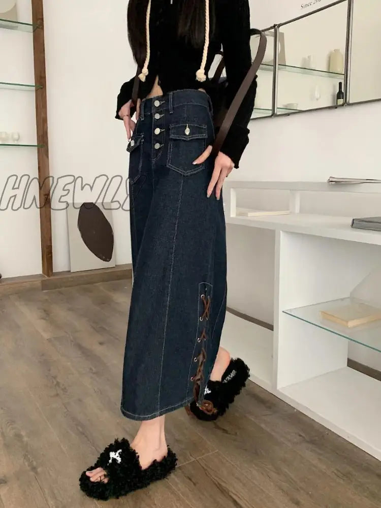 Hnewly Vintage Denim Long Skirt Women High Waist A-Line Pockets Button Bandage Korean Fashion Jean