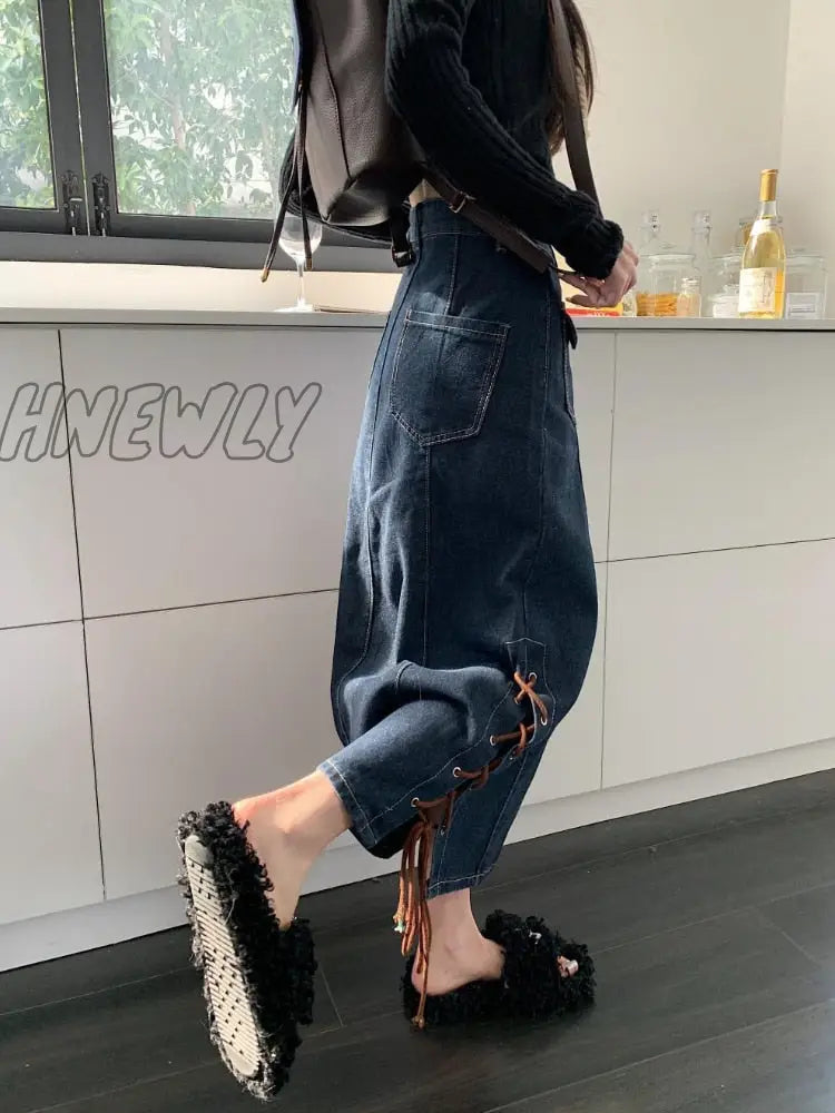 Hnewly Vintage Denim Long Skirt Women High Waist A-Line Pockets Button Bandage Korean Fashion Jean