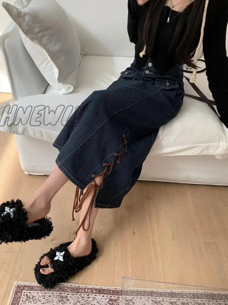 Hnewly Vintage Denim Long Skirt Women High Waist A-Line Pockets Button Bandage Korean Fashion Jean
