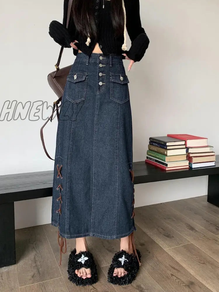 Hnewly Vintage Denim Long Skirt Women High Waist A-Line Pockets Button Bandage Korean Fashion Jean