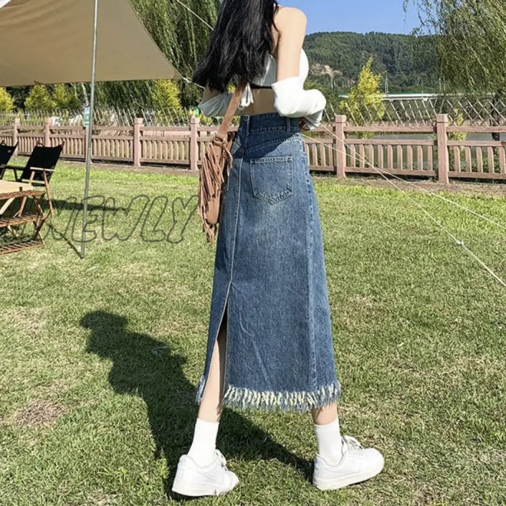 Hnewly Vintage Denim Skirt Long Women Korean Fashion High Waist A-Line Slim Distressed Raw Edge