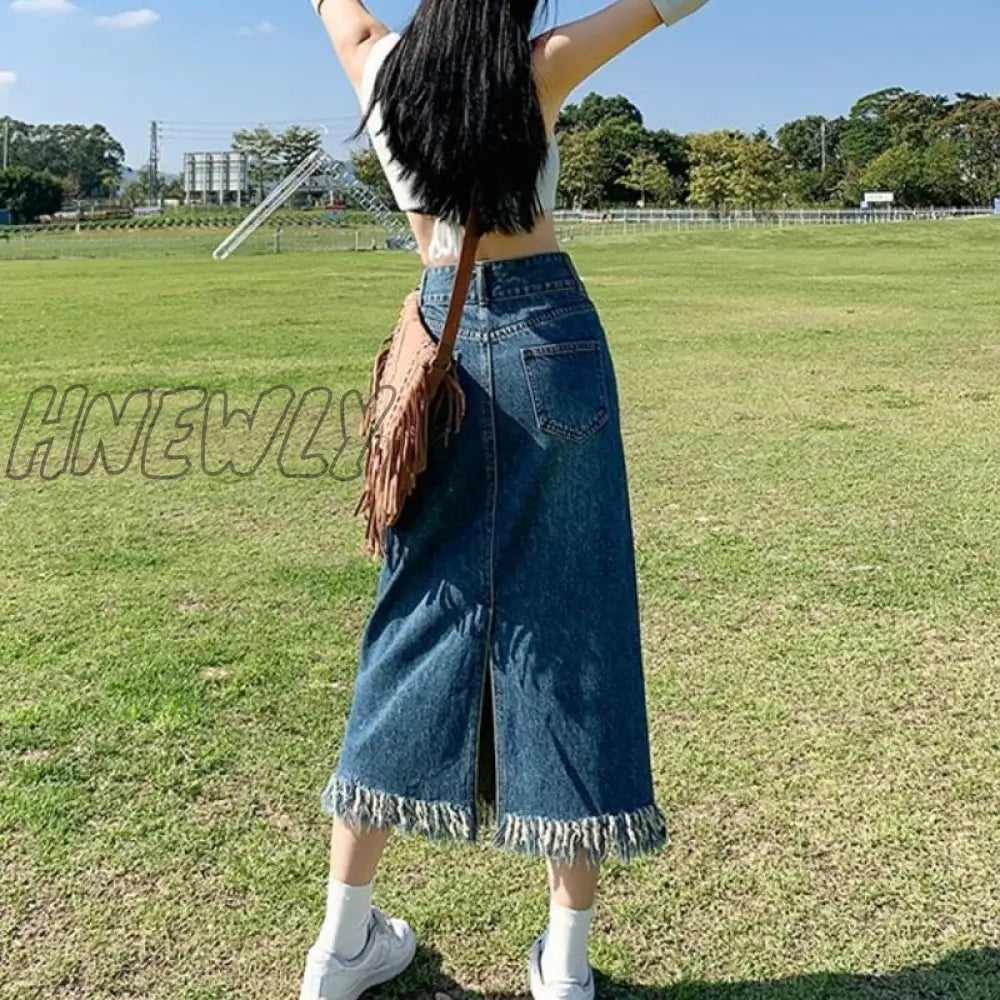 Hnewly Vintage Denim Skirt Long Women Korean Fashion High Waist A-Line Slim Distressed Raw Edge