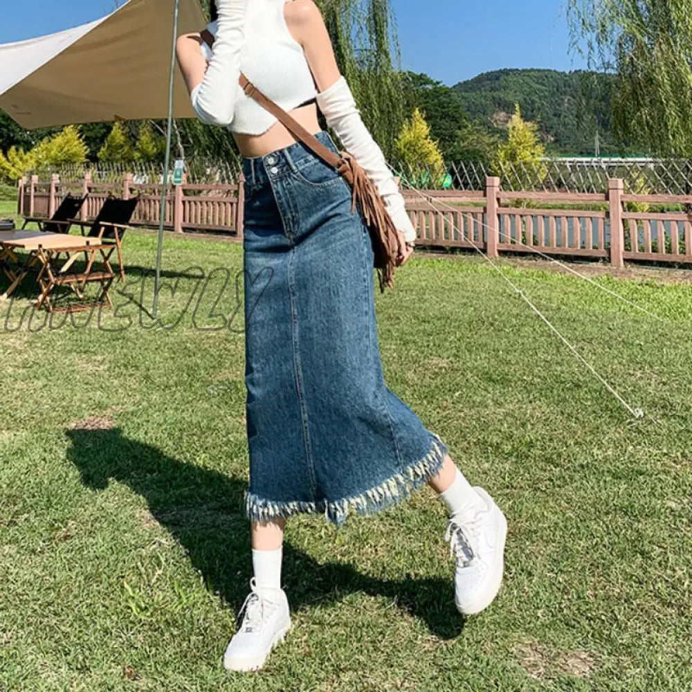 Hnewly Vintage Denim Skirt Long Women Korean Fashion High Waist A-Line Slim Distressed Raw Edge
