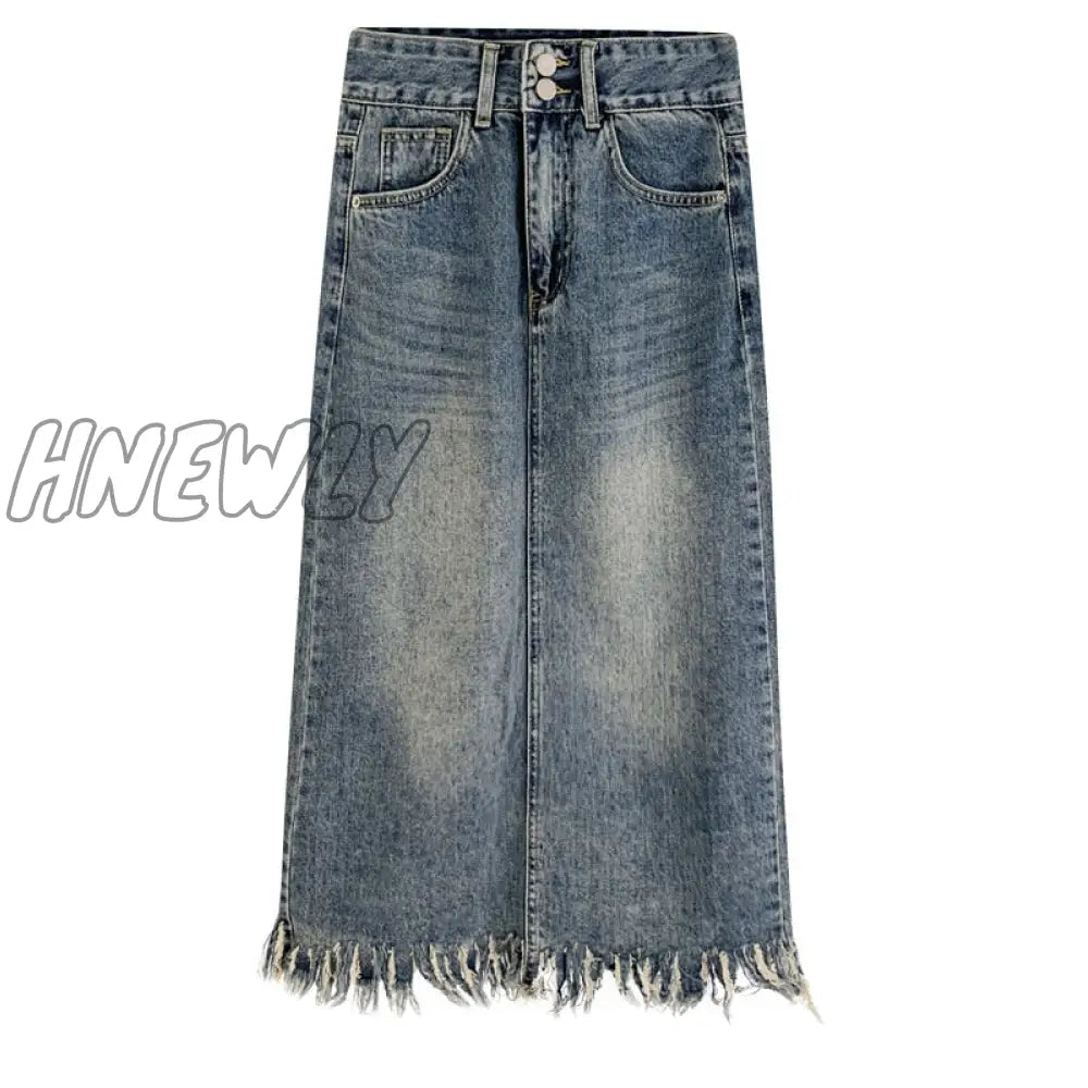 Hnewly Vintage Denim Skirt Long Women Korean Fashion High Waist A-Line Slim Distressed Raw Edge