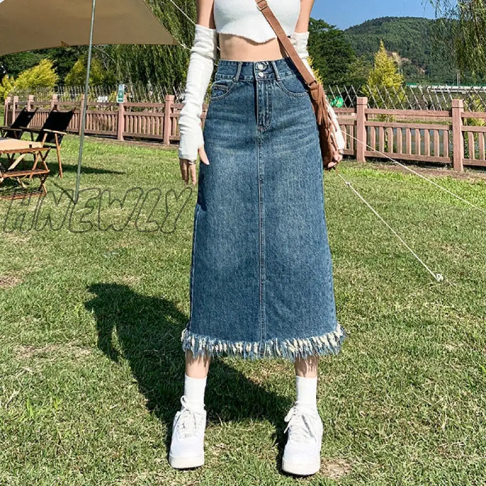 Hnewly Vintage Denim Skirt Long Women Korean Fashion High Waist A-Line Slim Distressed Raw Edge
