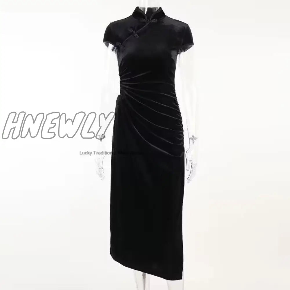 Hnewly Vintage Elegant Black Velvet Dress Women Harajuku Lace Up Slit Waist Aesthetic Dresses Slim