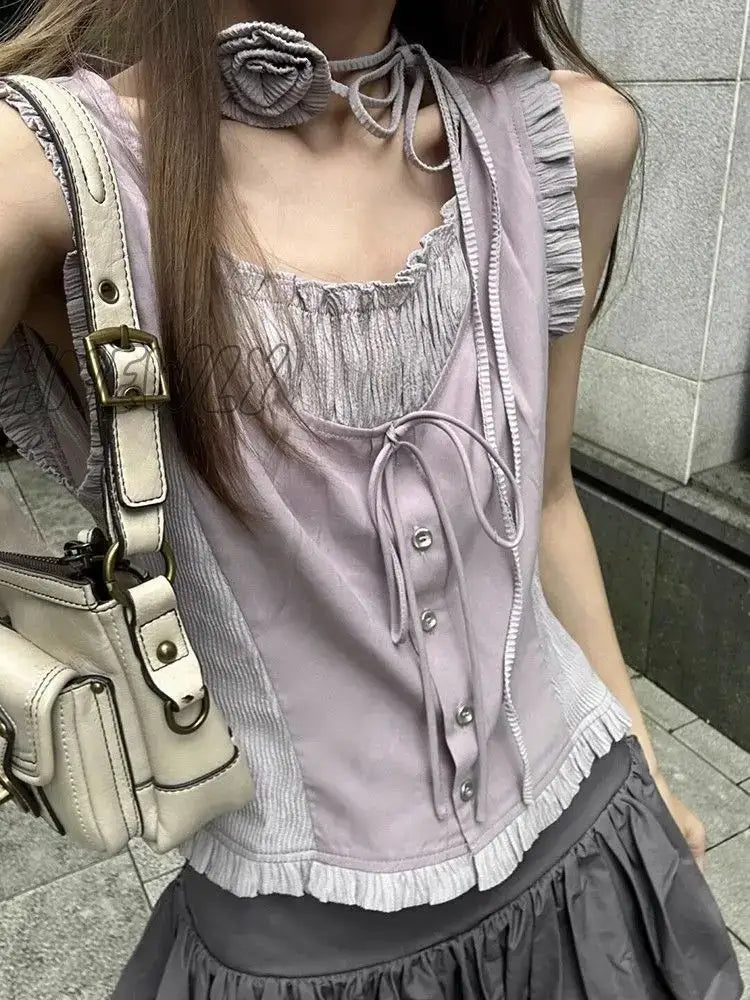 Hnewly Vintage Elegant Sweet Tanks Women French Style Harajuku Bandage Ruffle Patchwork Sleeveless