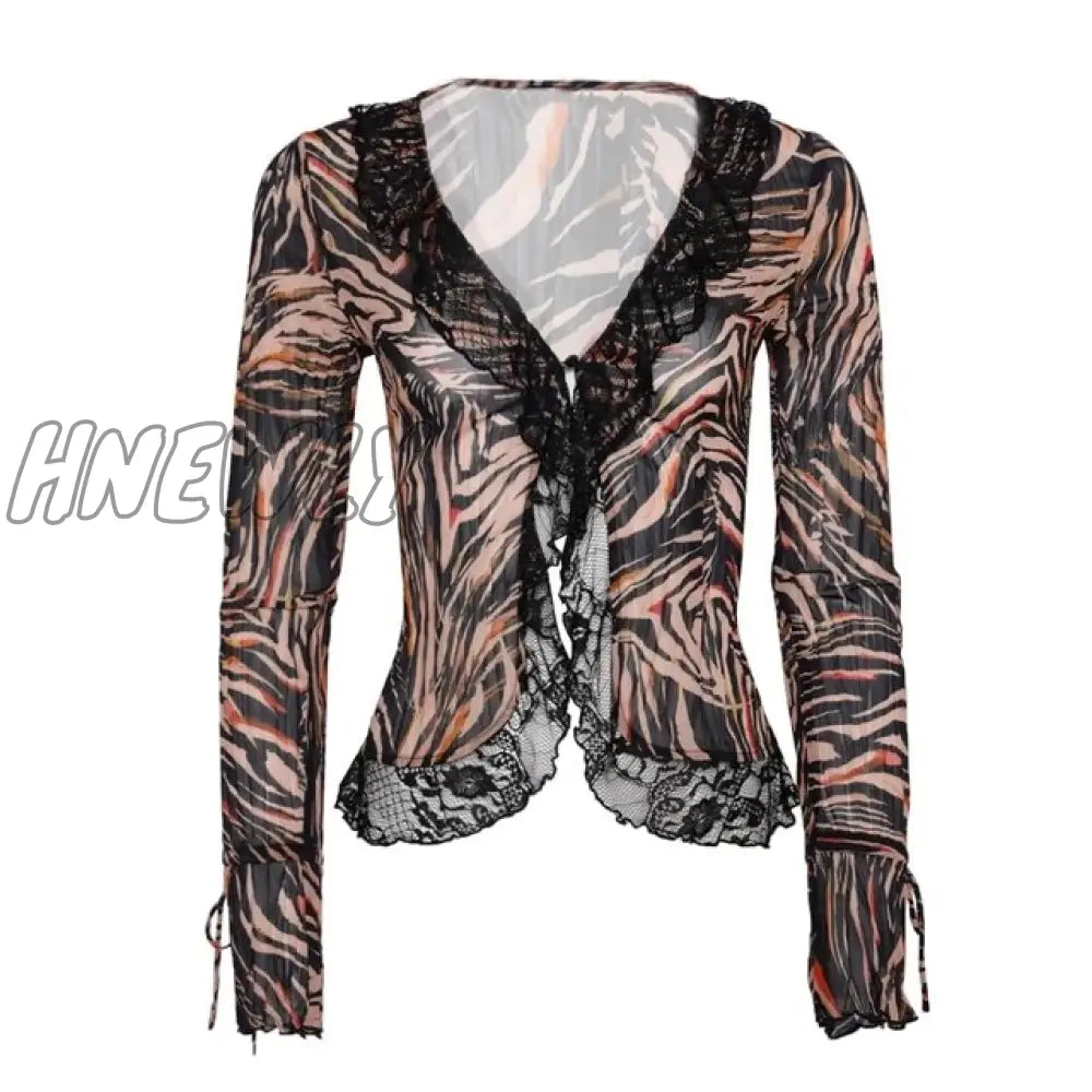 Hnewly Vintage Graphic Print Crop Top Sexy Lace V Neck Long Sleeve T-Shirt Elegant Lady Summer