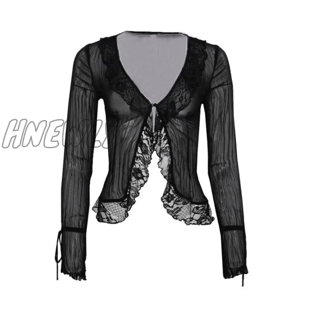 Hnewly Vintage Graphic Print Crop Top Sexy Lace V Neck Long Sleeve T-Shirt Elegant Lady Summer