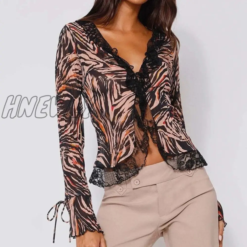 Hnewly Vintage Graphic Print Crop Top Sexy Lace V Neck Long Sleeve T-Shirt Elegant Lady Summer