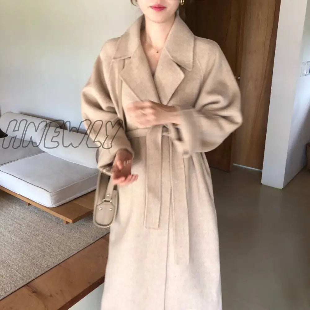 Hnewly Vintage Gray Woolen Jacket For Woman Autumn Winter Thicken Oversized Blends Long Coats