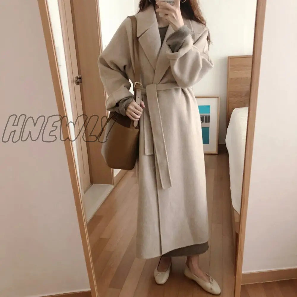 Hnewly Vintage Gray Woolen Jacket For Woman Autumn Winter Thicken Oversized Blends Long Coats