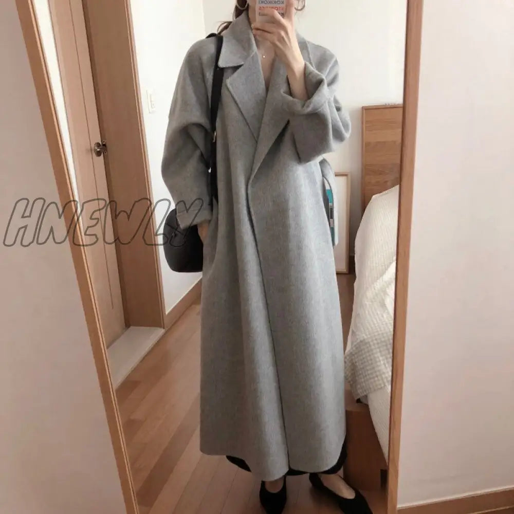 Hnewly Vintage Gray Woolen Jacket For Woman Autumn Winter Thicken Oversized Blends Long Coats