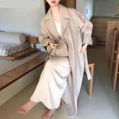 Hnewly Vintage Gray Woolen Jacket For Woman Autumn Winter Thicken Oversized Blends Long Coats