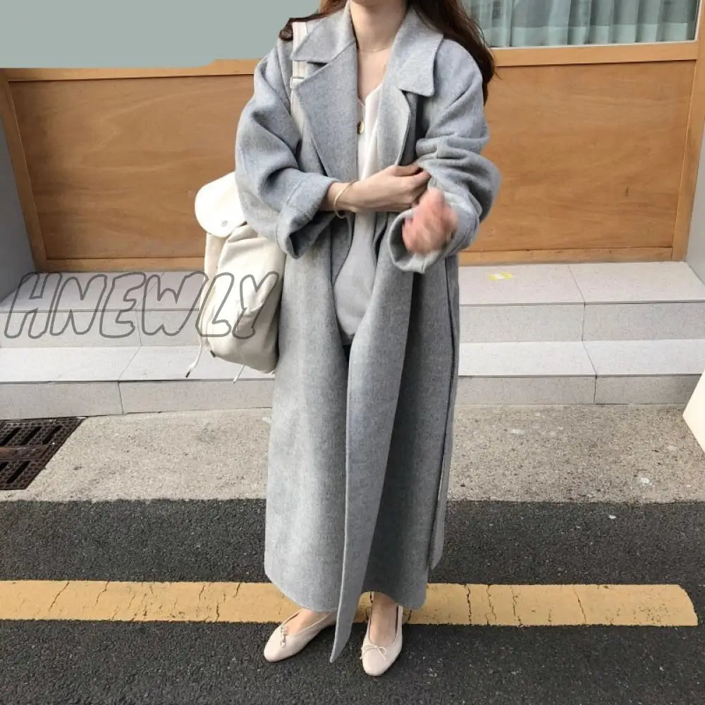 Hnewly Vintage Gray Woolen Jacket For Woman Autumn Winter Thicken Oversized Blends Long Coats