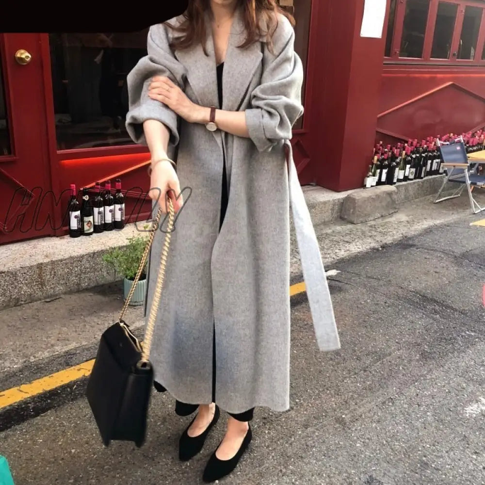 Hnewly Vintage Gray Woolen Jacket For Woman Autumn Winter Thicken Oversized Blends Long Coats
