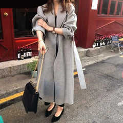 Hnewly Vintage Gray Woolen Jacket For Woman Autumn Winter Thicken Oversized Blends Long Coats