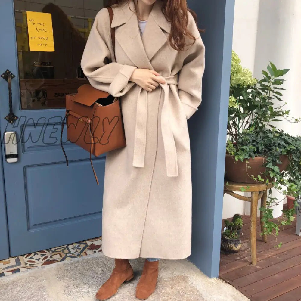 Hnewly Vintage Gray Woolen Jacket For Woman Autumn Winter Thicken Oversized Blends Long Coats