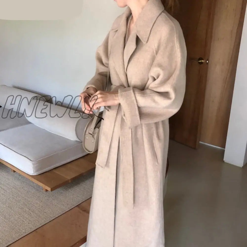 Hnewly Vintage Gray Woolen Jacket For Woman Autumn Winter Thicken Oversized Blends Long Coats