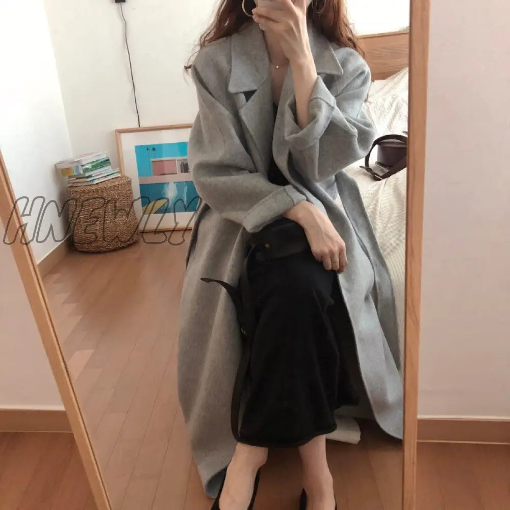 Hnewly Vintage Gray Woolen Jacket For Woman Autumn Winter Thicken Oversized Blends Long Coats