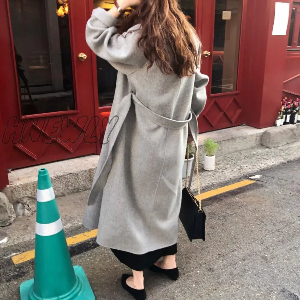 Hnewly Vintage Gray Woolen Jacket For Woman Autumn Winter Thicken Oversized Blends Long Coats
